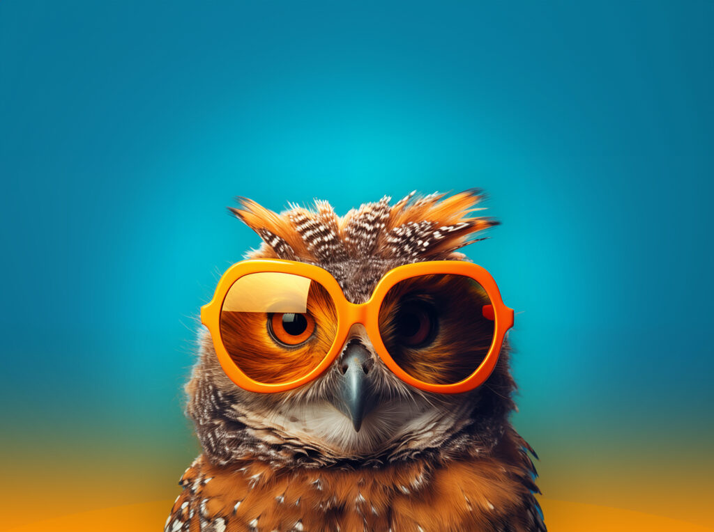 an owl wearing orange sunglasses in front of a blue background